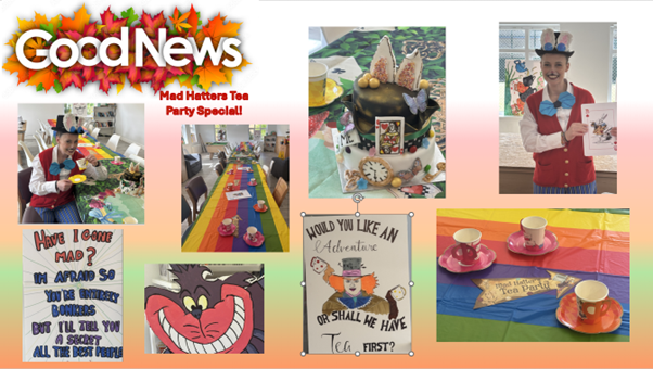Alice in wonderland themed activities on the ward including a mad ahtter cake, somone dressed as the White Rabbit and themed tea party items